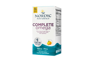 Nordic Naturals Complete Omega 120 softgels box, white and teal package with supplement facts label on side