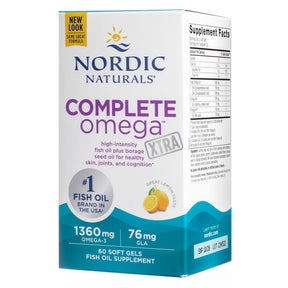 Nordic Naturals Complete Omega Xtra lemon softgels box, white and teal package, 60 softgels, supplement facts label visible