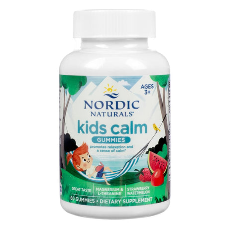 A white bottle with a colorful label depicting a hammock scene and "Nordic Naturals Kids Calm Gummies." The product promotes relaxation and a sense of calm for children aged 3 and up, featuring magnesium and L-theanine in a strawberry watermelon flavor, with 60 gummies.