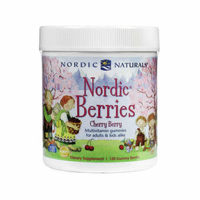 Nordic Naturals Nordic Berries Cherry Berry multivitamin gummies white bottle, illustrated label, 120 gummy berries