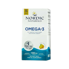 Nordic Naturals Omega-3 120 soft gels fish oil supplement box, white and blue label with lemon graphic