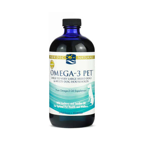 Nordic Naturals Omega-3 Pet liquid oil, 16 fluid ounce dark blue bottle with white and teal label for large dogs