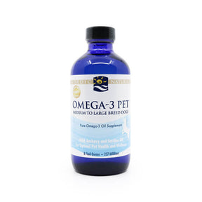 Nordic Naturals Omega-3 Pet liquid supplement, blue 8 fluid ounce bottle with white and light blue label