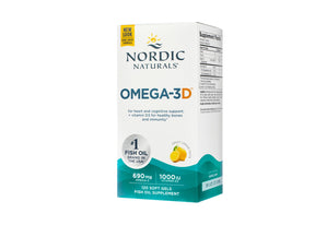 Nordic Naturals Omega-3D 120 softgels box, white and teal packaging with supplement facts label side panel