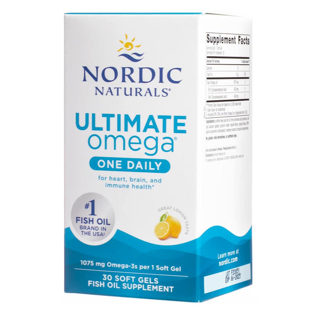 Nordic Naturals Ultimate Omega One Daily is a lemon-flavored fish oil supplement for heart, brain, and immune health. This package contains 30 softgels, each delivering 1075 mg of omega-3s per serving.