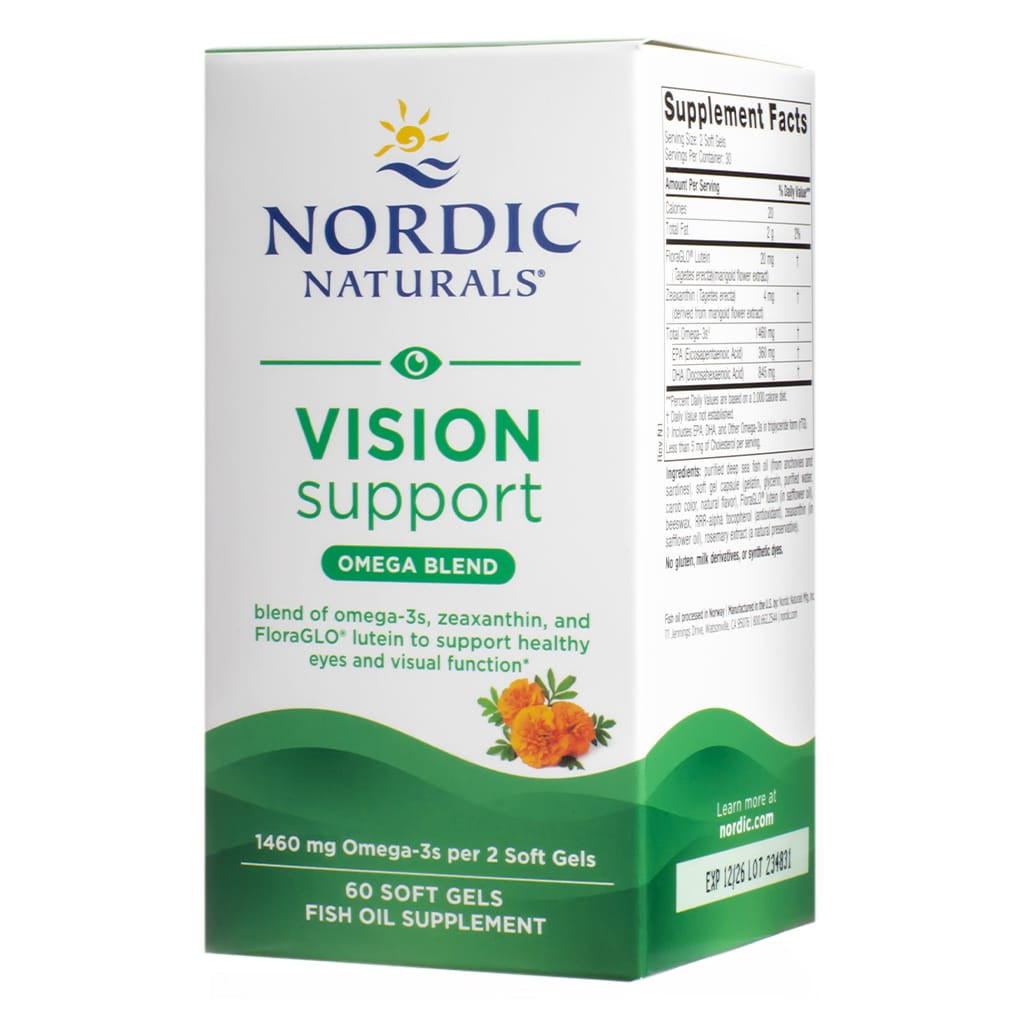 Nordic Naturals Vision Support Omega Blend offers a combination of Omega-3s, zeaxanthin, and FloraGLO® lutein to promote eye health. Each package contains 60 softgels, with 1460 mg of Omega-3s per serving.