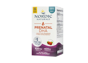 Box of Nordic Naturals Prenatal DHA, a fish oil supplement supporting brain development in babies during pregnancy. The label highlights 830 mg Omega-3 and 400 IU Vitamin D3 per serving, with 90 soft gels and a natural strawberry flavor. Features include endorsement by the American Pregnancy Association, non-GMO, and #1 fish oil brand in the USA. 90 softgels. 45 servings