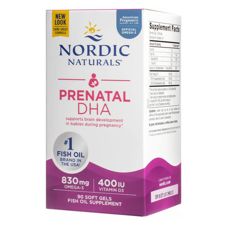 Nordic Naturals Prenatal DHA is an unflavored supplement designed for brain development in babies during pregnancy. Each bottle contains 90 softgels, delivering 830 mg omega-3 and 400 IU vitamin D3 per serving.