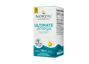 Nordic Naturals Ultimate Omega softgels box, white and teal label, 120 softgels, supplement facts label side view