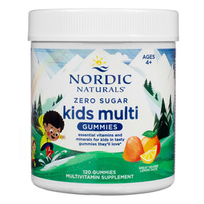 Nordic Naturals Zero Sugar Kids Multi Gummies white bottle, mountain label, 120 gummies, great orange lemon taste
