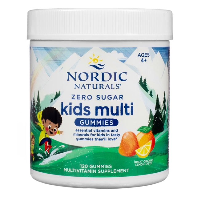 A white container with a mountain-themed label showing "Nordic Naturals Zero Sugar Kids Multi Gummies." The multivitamin gummies provide essential vitamins and minerals for kids aged 4 and up, in a great orange-lemon flavor, with 120 gummies.