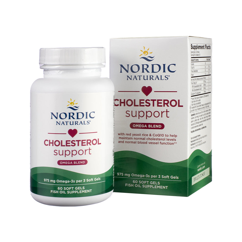 Nordic Naturals Cholesterol Support Softgels, front label image showing omega-based formula designed for maintaining healthy cholesterol levels.