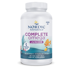 Nordic Naturals Complete Omega Junior 180 mini softgels white bottle with blue and purple label, fish oil supplement