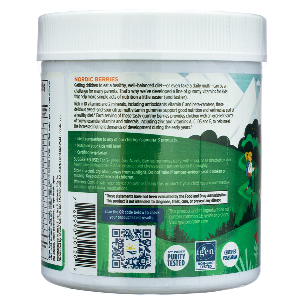The back label of the Nordic Naturals Nordic Berries 120 Orange Lemon Flavor Gummy Berries container, featuring product information, ingredients, and a description of the multivitamin gummies. The label highlights key nutrients, certification badges, and a QR code for product testing.