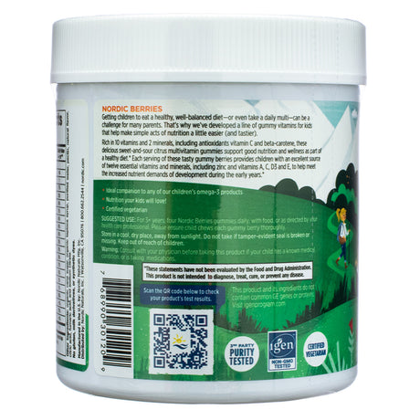 The back label of the Nordic Naturals Nordic Berries 120 Orange Lemon Flavor Gummy Berries container, featuring product information, ingredients, and a description of the multivitamin gummies. The label highlights key nutrients, certification badges, and a QR code for product testing.