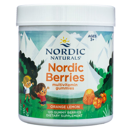 The front label of the Nordic Naturals Nordic Berries 120 Orange Lemon Flavor Gummy Berries container, showcasing the brand logo, product name, and flavor. The packaging features an illustrated landscape with children playing and an image of the gummy berries.