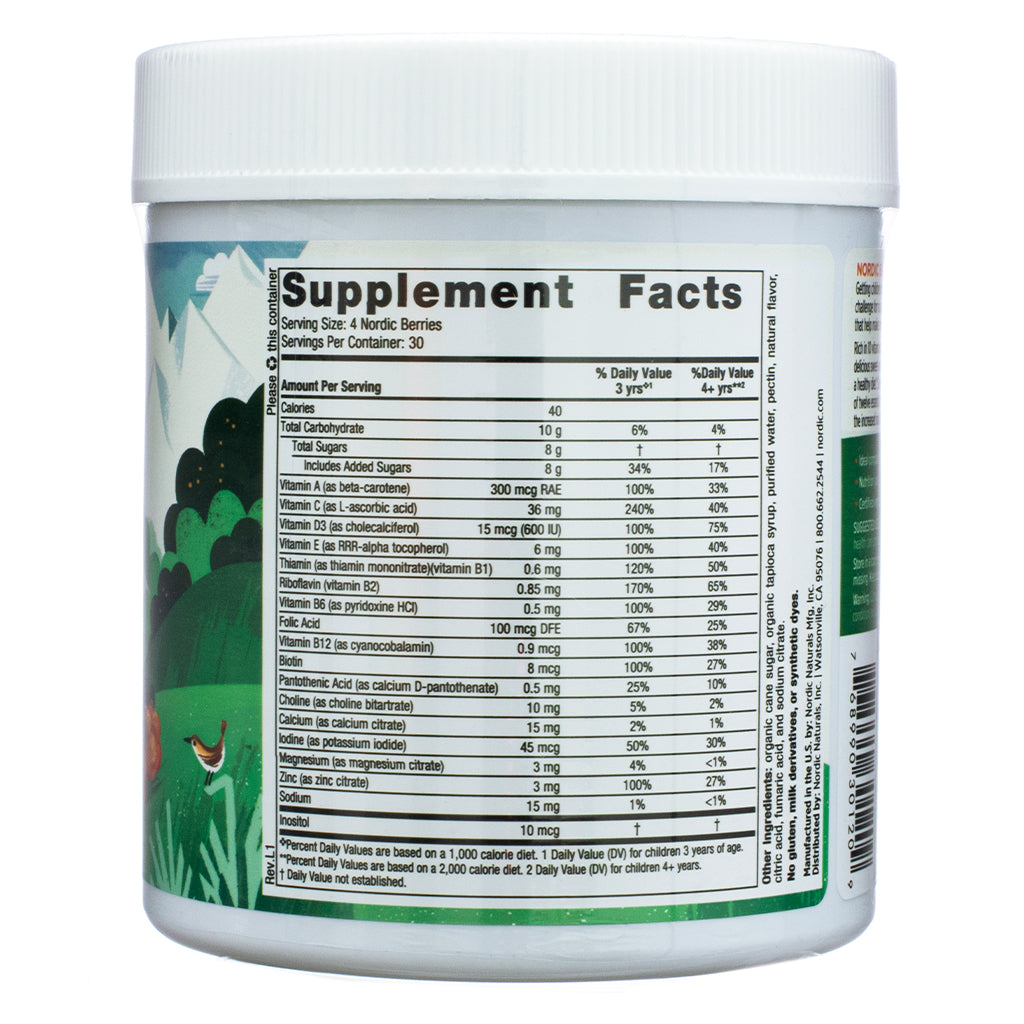 The supplement facts panel of the Nordic Naturals Nordic Berries 120 Orange Lemon Flavor Gummy Berries container, displaying nutritional values, vitamin and mineral content, serving size, and daily value percentages for different age groups.