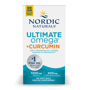 Nordic Naturals Ultimate Omega + Curcumin 60 soft gels box, white and blue label with 1200 mg omega-3s
