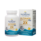 Nordic Naturals Ultimate Omega-D3 2X in lemon flavor, 60 soft gels bottle next to its retail box. The label highlights high-strength omega-3s and vitamin D3 benefits for heart, brain, immune health, and bones.