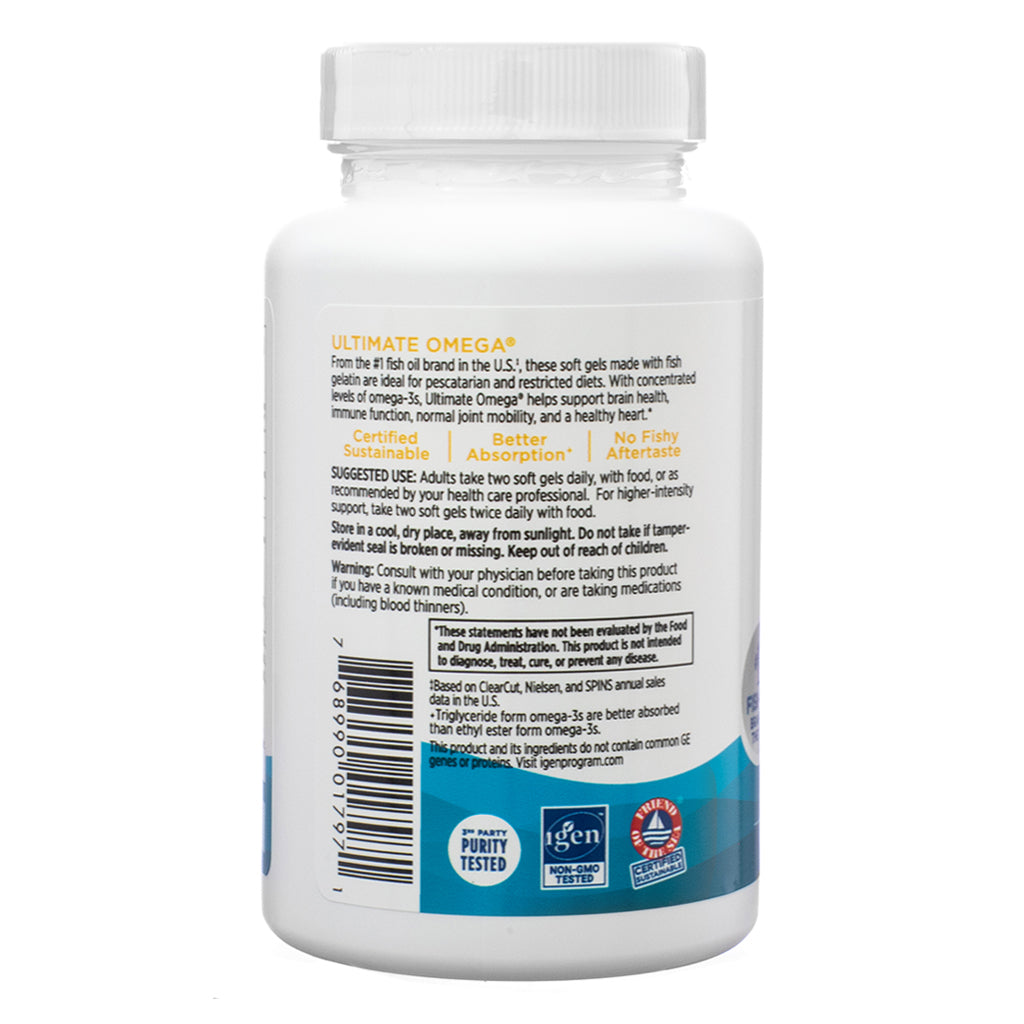 The back of a Nordic Naturals Ultimate Omega bottle, displaying suggested use, storage instructions, and warnings. The label recommends taking two soft gels daily with food and warns against use if the tamper-evident seal is broken. It also highlights that the product is certified sustainable, has better absorption, and no fishy aftertaste.