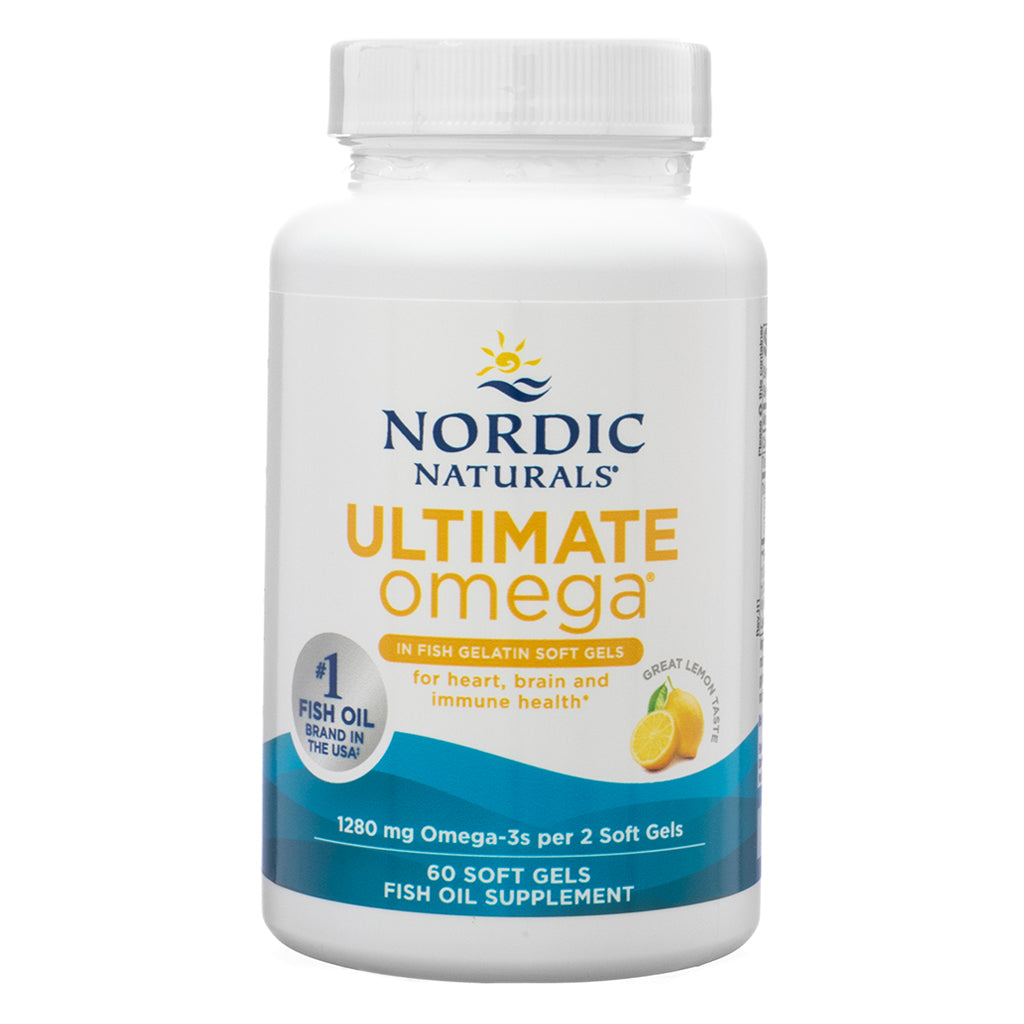 A white bottle of Nordic Naturals Ultimate Omega, displaying the front label with product branding. The label highlights fish gelatin soft gels with 1,280 mg Omega-3s per 2 soft gels, designed for heart, brain, and immune health. The bottle contains 60 soft gels and features a great lemon taste.