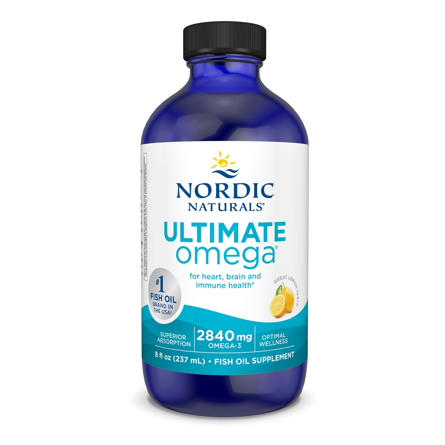 A bottle of Nordic Naturals Ultimate Omega liquid fish oil supplement in an 8 fl oz (237 mL) blue glass bottle. The label highlights 2840 mg of Omega-3 per serving for heart, brain, and immune health with a great lemon taste. It also mentions superior absorption and being the #1 fish oil brand in the USA.
