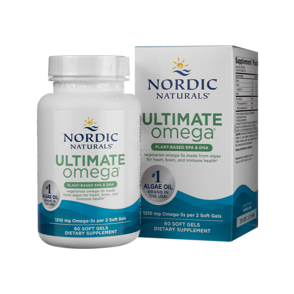Nordic Naturals Ultimate Omega Plant-Based Softgels, front label showcasing plant-sourced omega-3 supplement for heart, brain, and overall wellness.

