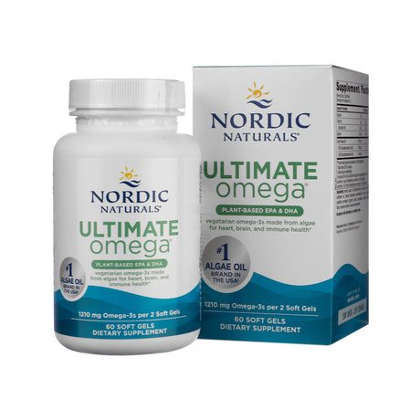 Nordic Naturals Ultimate Omega Plant-Based Softgels, front label showcasing plant-sourced omega-3 supplement for heart, brain, and overall wellness.


