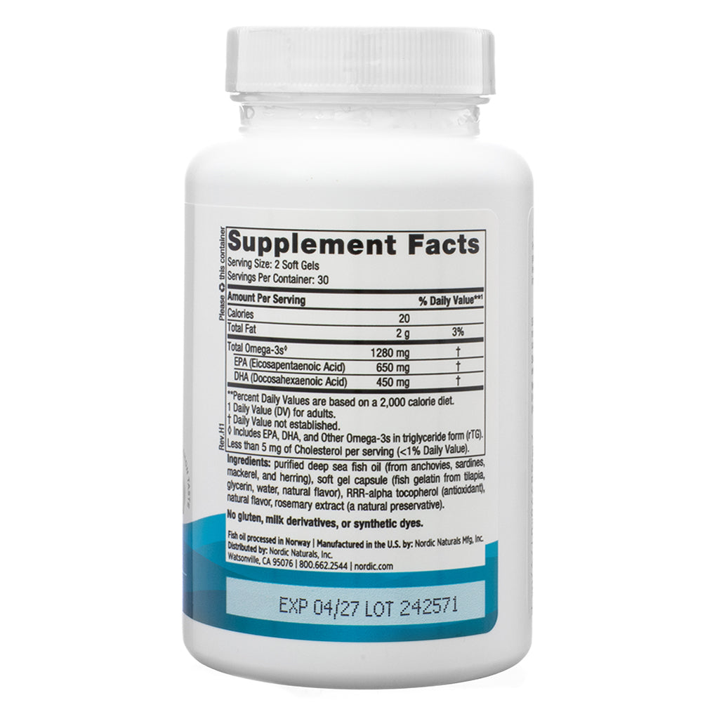 The back of a Nordic Naturals Ultimate Omega bottle, displaying the supplement facts label. The label lists 1,280 mg total Omega-3s, including 650 mg EPA (Eicosapentaenoic Acid) and 450 mg DHA (Docosahexaenoic Acid). It also states that the product contains purified deep-sea fish oil and is free from gluten, milk derivatives, and synthetic dyes.