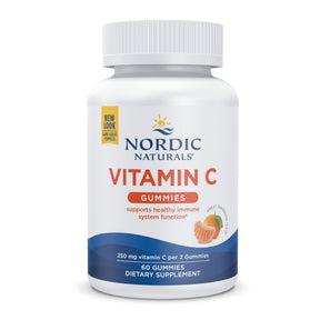 Nordic Naturals Vitamin C Gummies 60 gummies white bottle with white cap, blue and orange label with citrus graphic