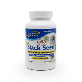North American Herb and Spice Black Seed Oil 90 softgels white bottle with blue and yellow label