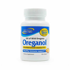 North American Herb and Spice Oreganol P73 120 softgels white bottle with blue and yellow label