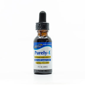North American Herb and Spice Purely-E 1 fl oz amber glass dropper bottle with blue and white label liquid supplement