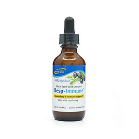 North American Herb and Spice Resp-Immune 2 fl oz amber glass liquid bottle with black dropper and blue label