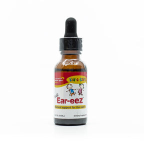 Amber glass bottle of North American Herb & Spice Kid-e-Kare Wild Ear-eez, a children's dietary supplement for natural ear support. The label features playful cartoon children, a dropper cap, and the tagline “Natural support for the ears.” Contains 1 fl oz (30 mL) of liquid supplement.