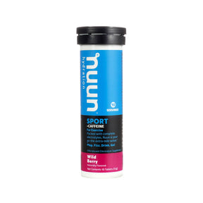 Nuun Sport + Caffeine Wild Berry tube, blue and black label, 10 tablet servings electrolyte drink tablets