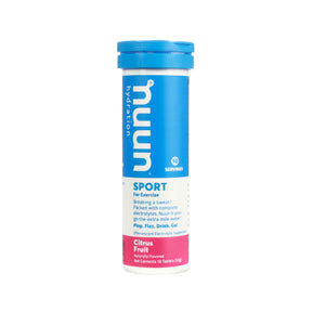 Nuun Sport Citrus Fruit blue tube, 10 servings, electrolyte drink tablets canister with white and pink label