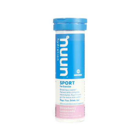 A tube of Nuun Sport hydration tablets with a blue lid and the Nuun logo. The label reads "SPORT For Exercise" with "Strawberry Lemonade" flavor. The text includes, "Breaking a sweat? Packed with complete electrolytes, Nuun is your go-the-extra-mile water. Plop. Fizz. Drink. Go!" The tube contains 10 tablets, with a net weight of 55g.