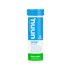 Nuun Sport Watermelon hydration tablets tube, blue and white label with green flavor band, 10 servings