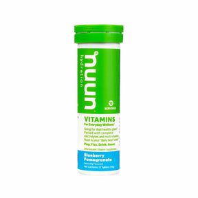 Nuun Vitamins Blueberry Pomegranate effervescent tablets tube, green and white label, 12 servings container