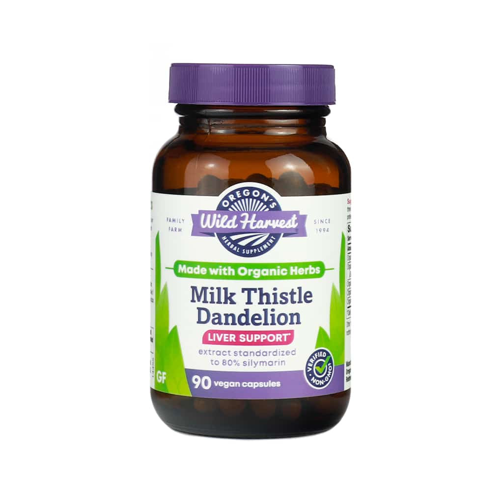 Amber glass bottle with a purple lid labeled “Oregon’s Wild Harvest Milk Thistle Dandelion.” The label features green leaf graphics and highlights include “Made with Organic Herbs,” “Liver Support,” and “extract standardized to 80% silymarin.” Contains 90 vegan capsules and is verified non-GMO and gluten-free.