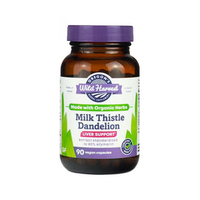 Oregon's Wild Harvest Milk Thistle Dandelion 90 vegan capsules in amber bottle with purple cap and white label
