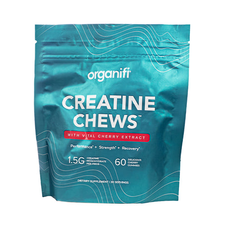 Organifi Creatine Chews turquoise pouch, 60 chewable gummies, with Vital Cherry Extract and 1.5g creatine monohydrate