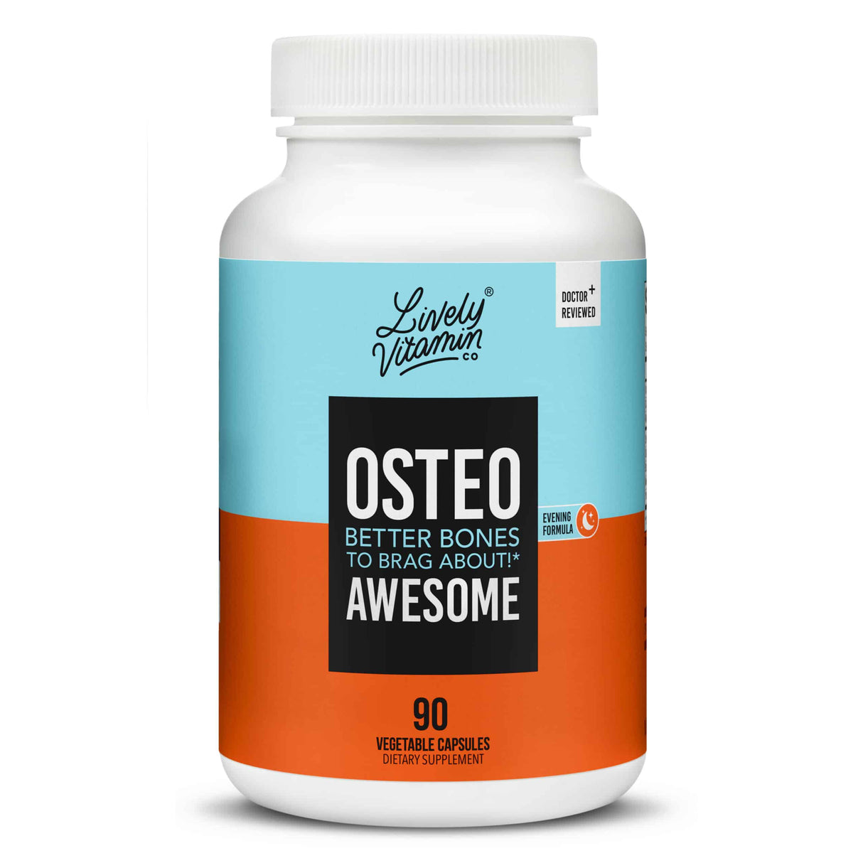 Lively Vitamin Co. Osteo Awesome capsules, featuring a detailed product description on the back about promoting bone strength and density. The product supports immunity, with 30 servings per container.