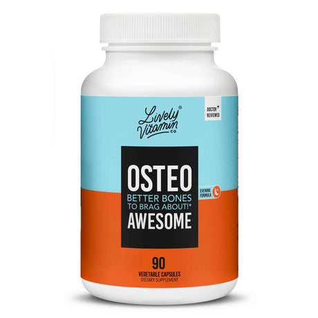 Lively Vitamin Co. Osteo Awesome capsules, featuring a detailed product description on the back about promoting bone strength and density. The product supports immunity, with 30 servings per container.