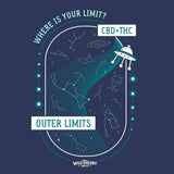 Tote bag text:Where is your limit? CBD + THC Outer Limits. Wild Theory CBD Co. " The image is of a navy blue background with green and white images and text that depict constellations and iconography such as a cartoon spaceship that reflect the theme of outer limits.