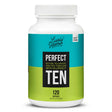 Lively Vitamin Co. Perfect Ten 120 capsules dietary supplement bottle with a teal and green design. The label highlights 'Restore, rejuvenate, and feel fabulous with R-Lipoic!' and supports hair, skin, and nerve health.