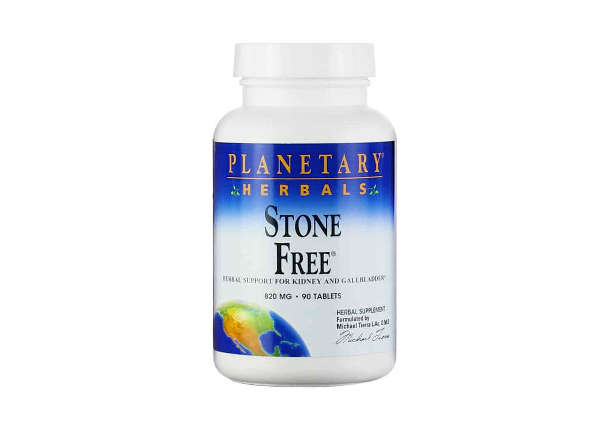 A white plastic bottle of Planetary Herbals Stone Free, an herbal supplement for kidney and gallbladder support. The label features a blue gradient background with gold text, displaying "820 MG • 90 TABLETS." The lower part of the label includes an image of Earth and the name of the formulator, Michael Tierra L.Ac., O.M.D.