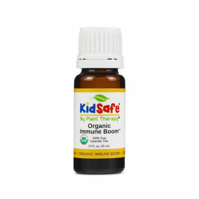 Plant Therapy KidSafe Organic Immune Boom essential oil 10ml amber bottle with white cap and yellow label