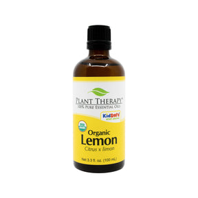 Plant Therapy Organic Lemon essential oil 100 mL amber glass bottle with yellow and white label, black cap